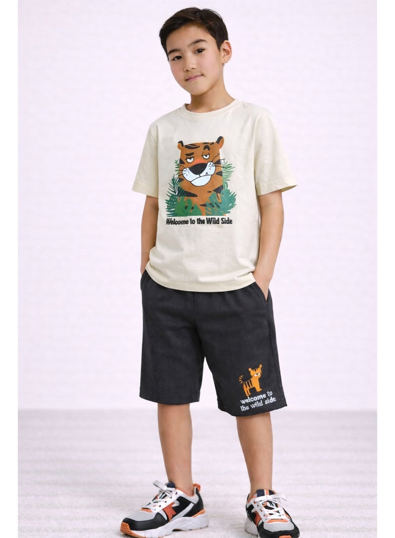 victor and jane Boys’ 2-Piece Set – Tiger Graphic T-Shirt (Front & Back Print) & Shorts - Image 1